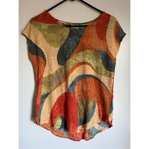 Rachel Zoe 100% linen geometric cap sleeve blouse sz S‎ beachy artsy boho - Picture 2 of 5